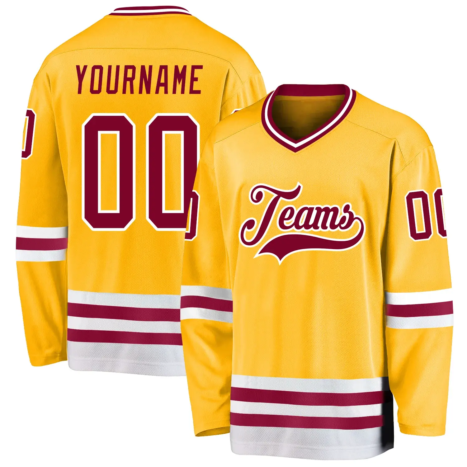 Custom Gold Hockey Jersey with Maroon-White