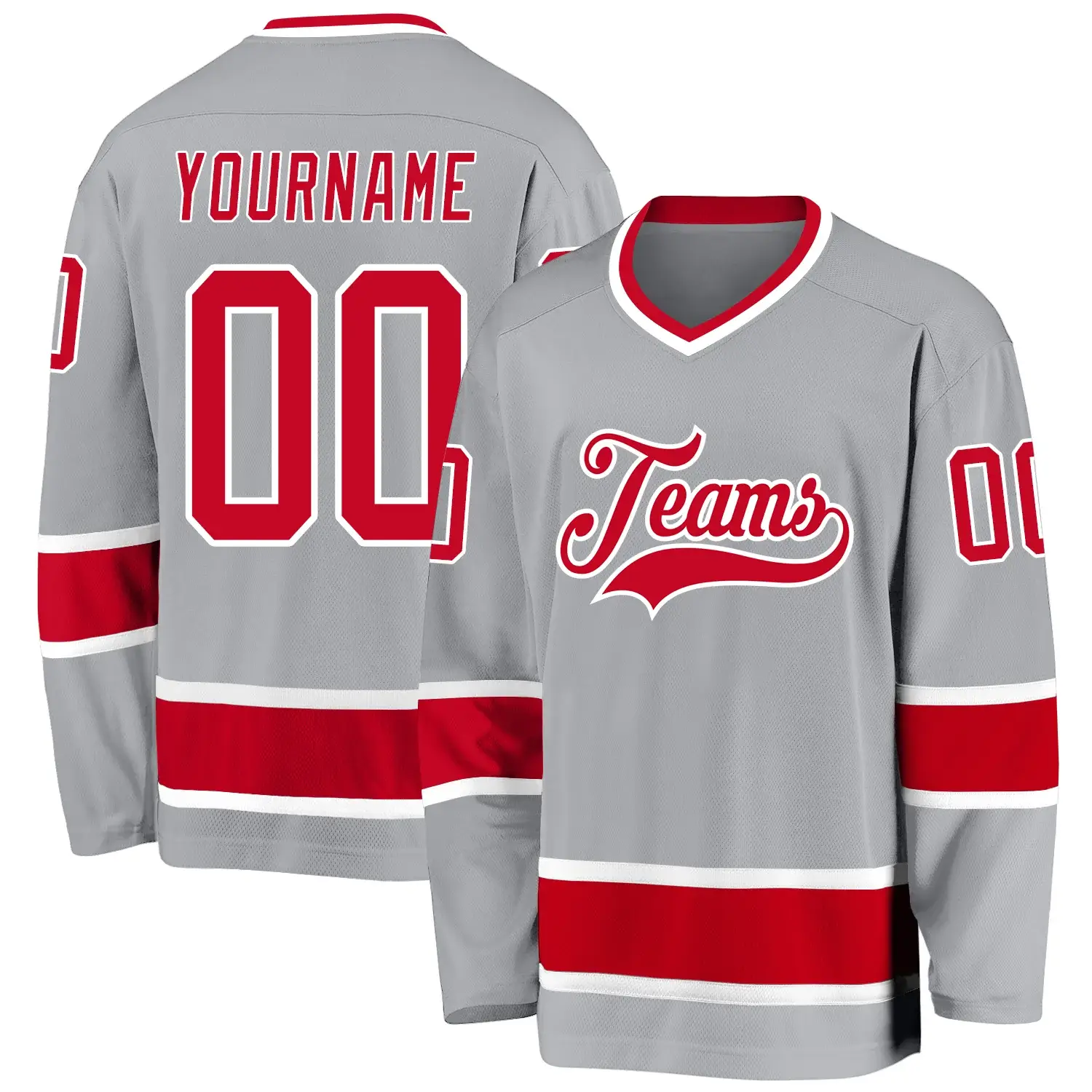 Custom Gray Hockey Jersey with Red-White