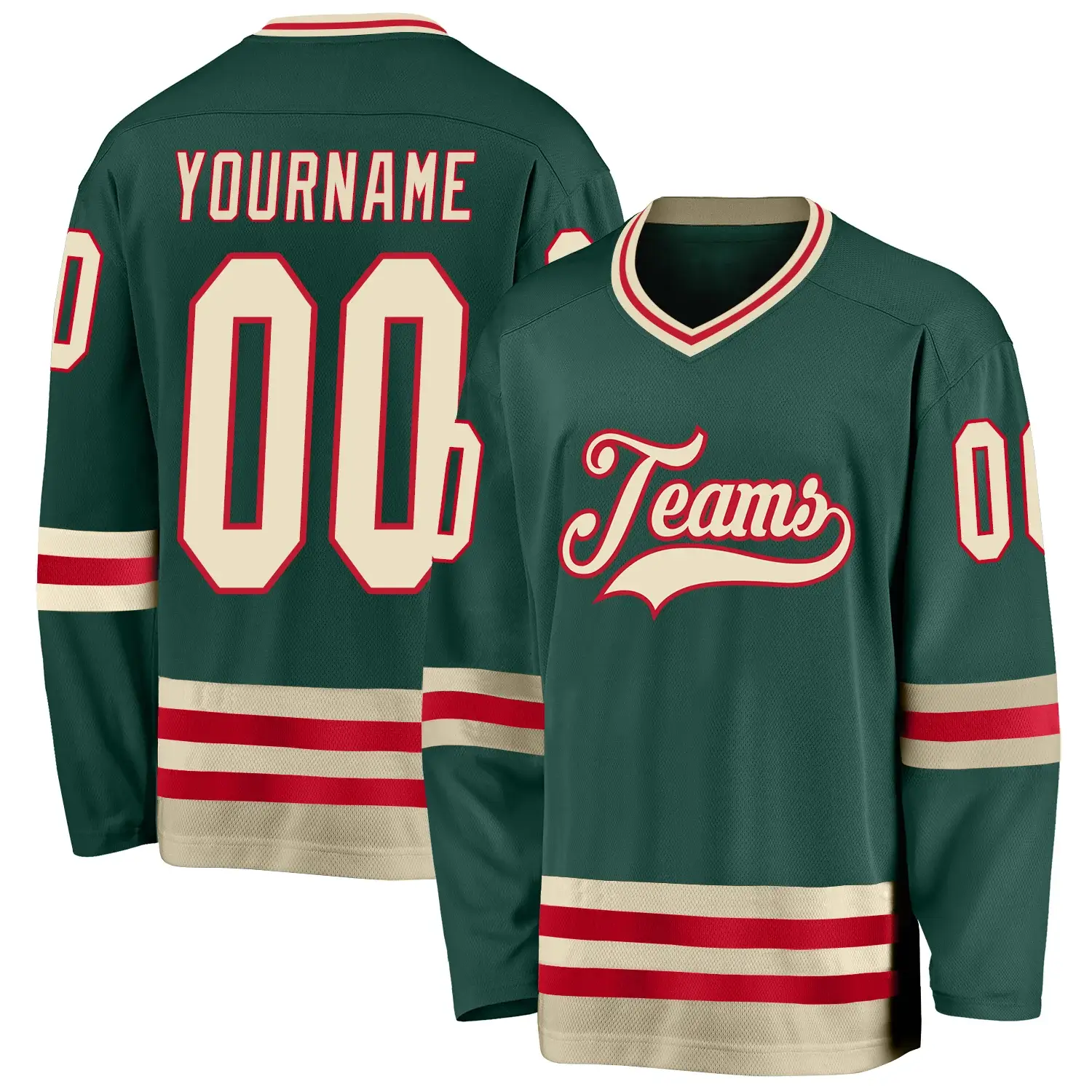 Custom Green Hockey Jersey with Cream-Red