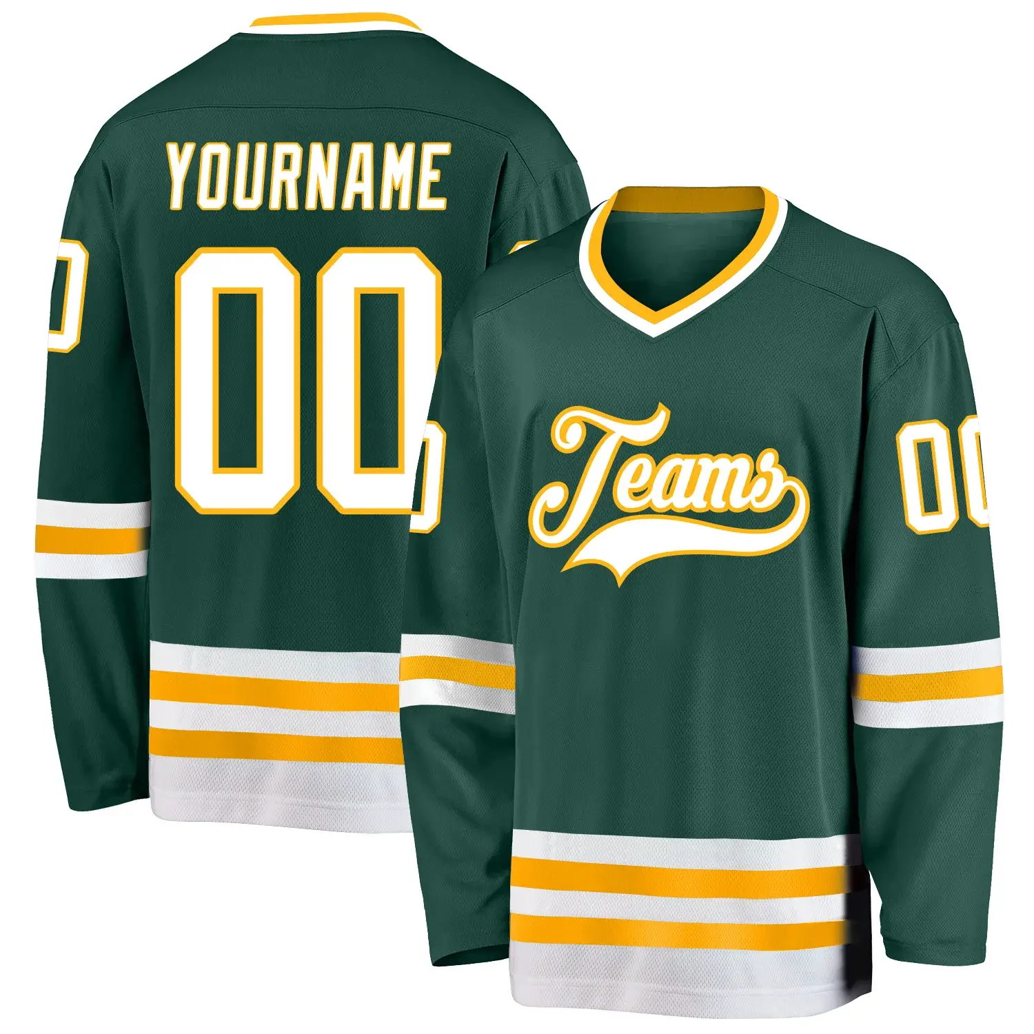 Custom Green Hockey Jersey with White-Gold