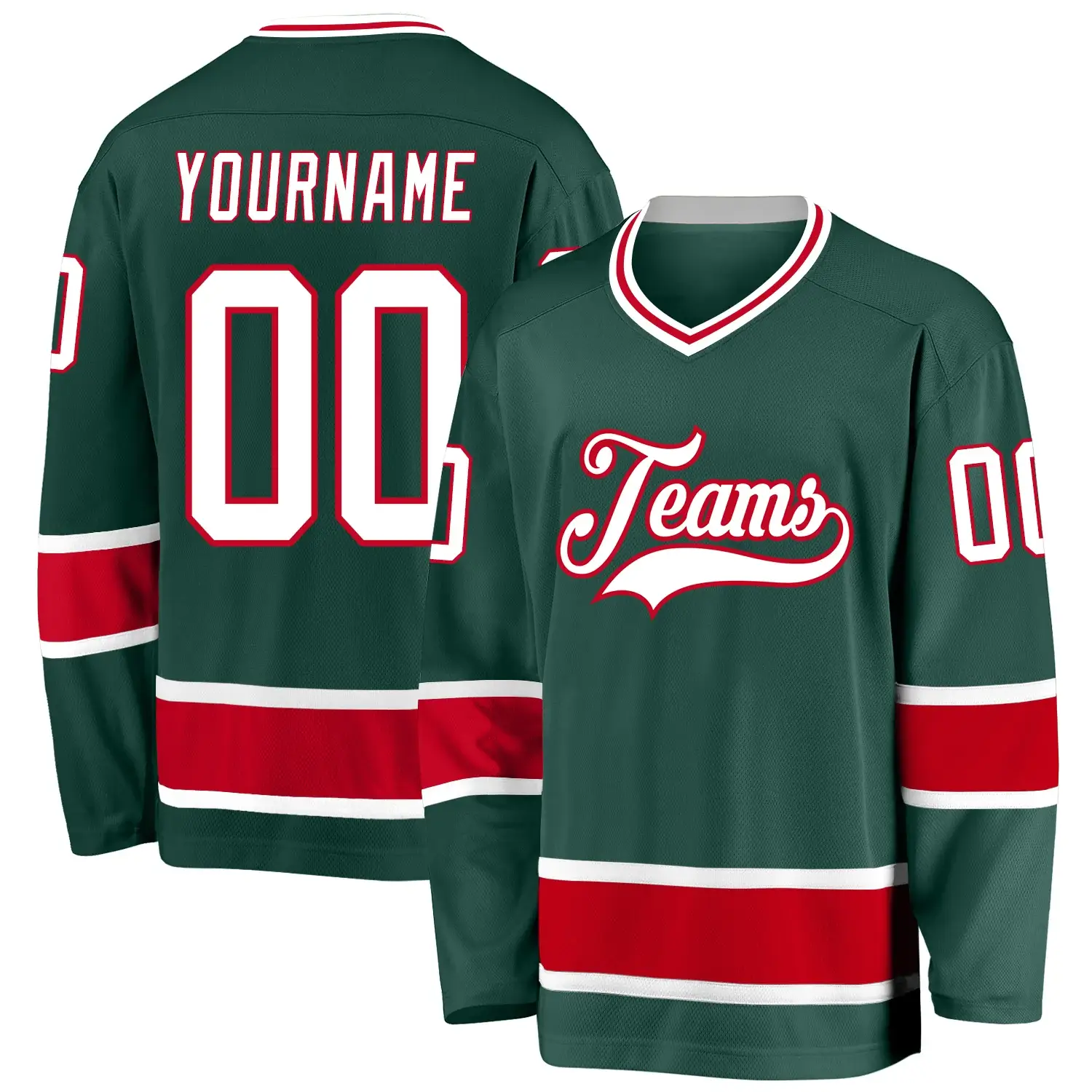 Custom Green Hockey Jersey with White-Red