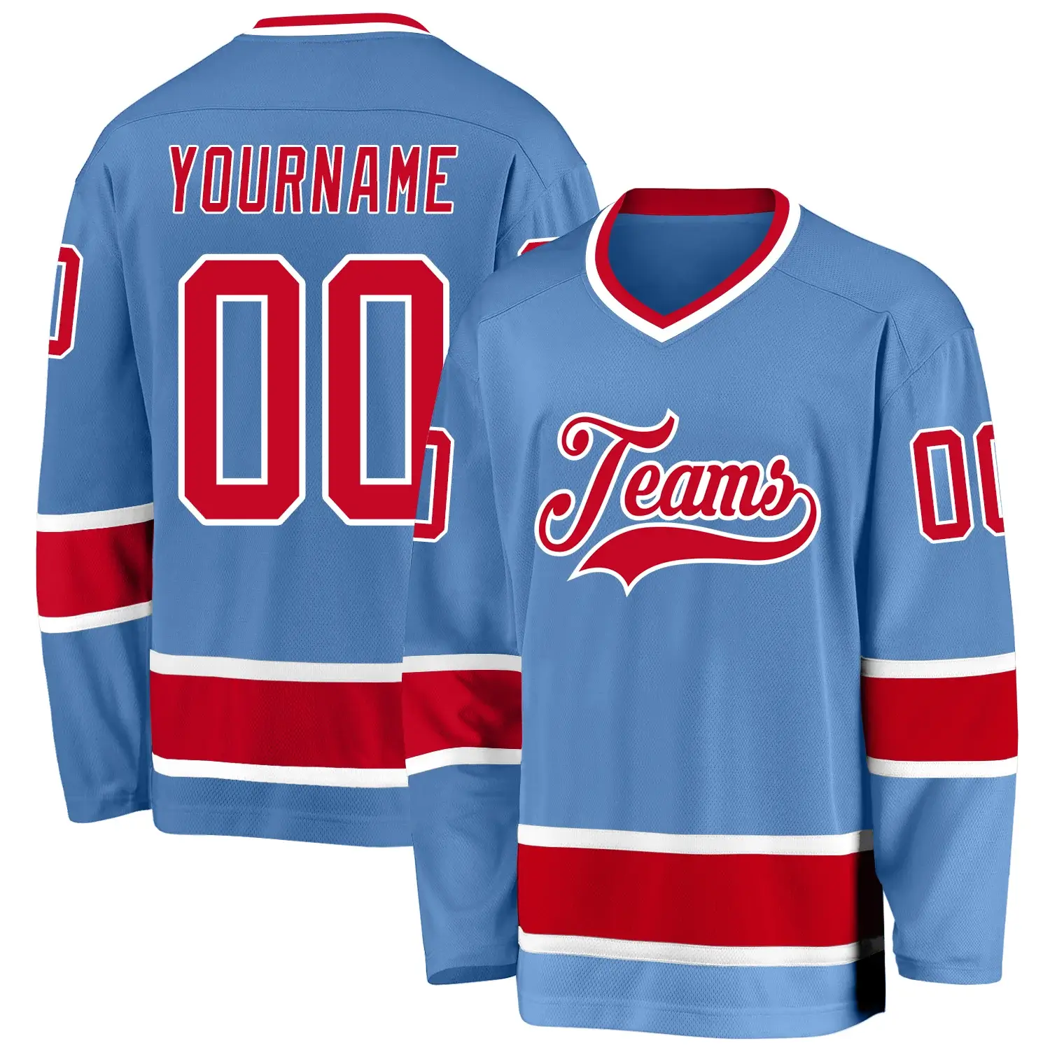 Custom Light Blue Hockey Jersey with Red-White