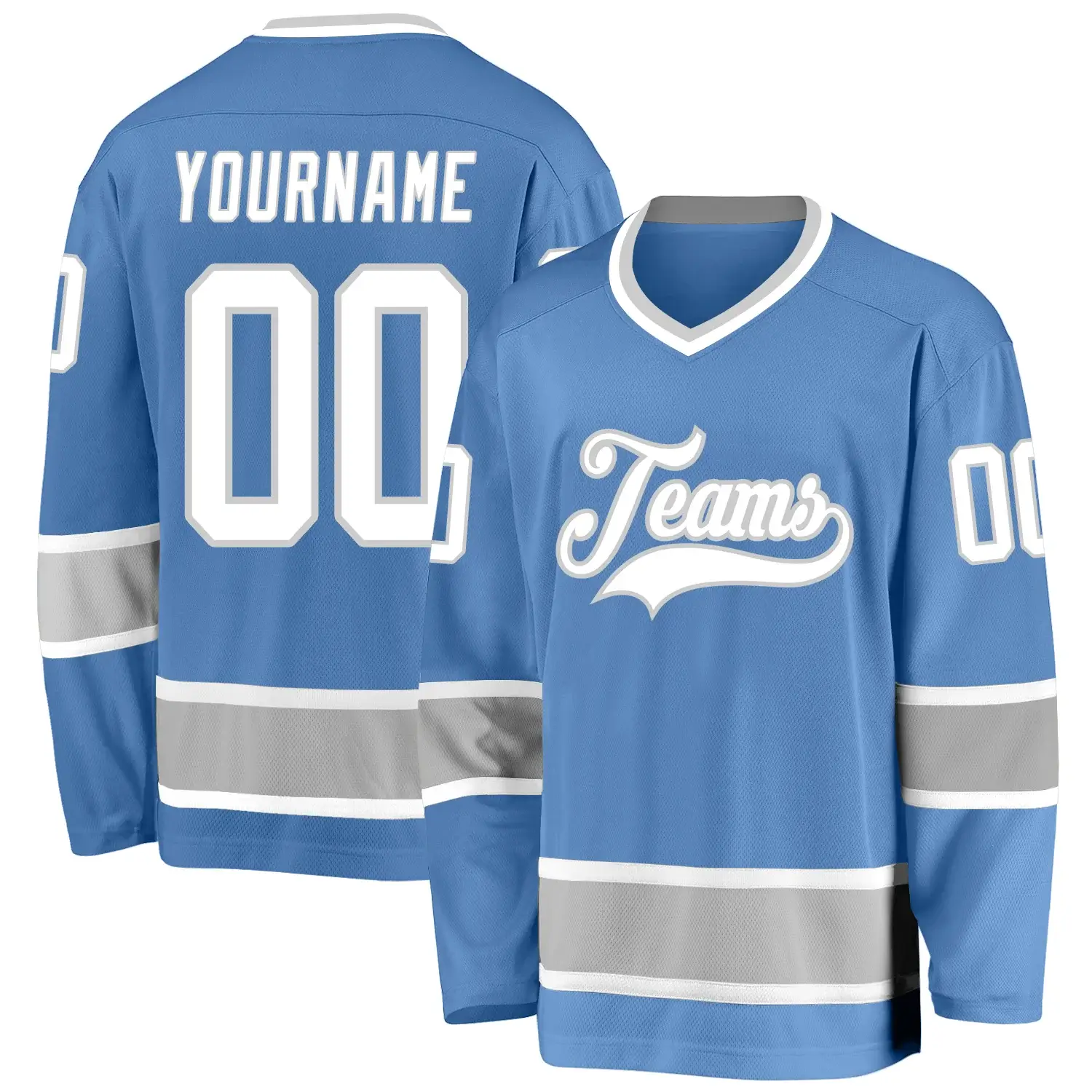 Custom Light Blue Hockey Jersey with White-Gray