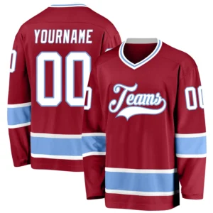 Custom Maroon Hockey Jersey with White-Light Blue