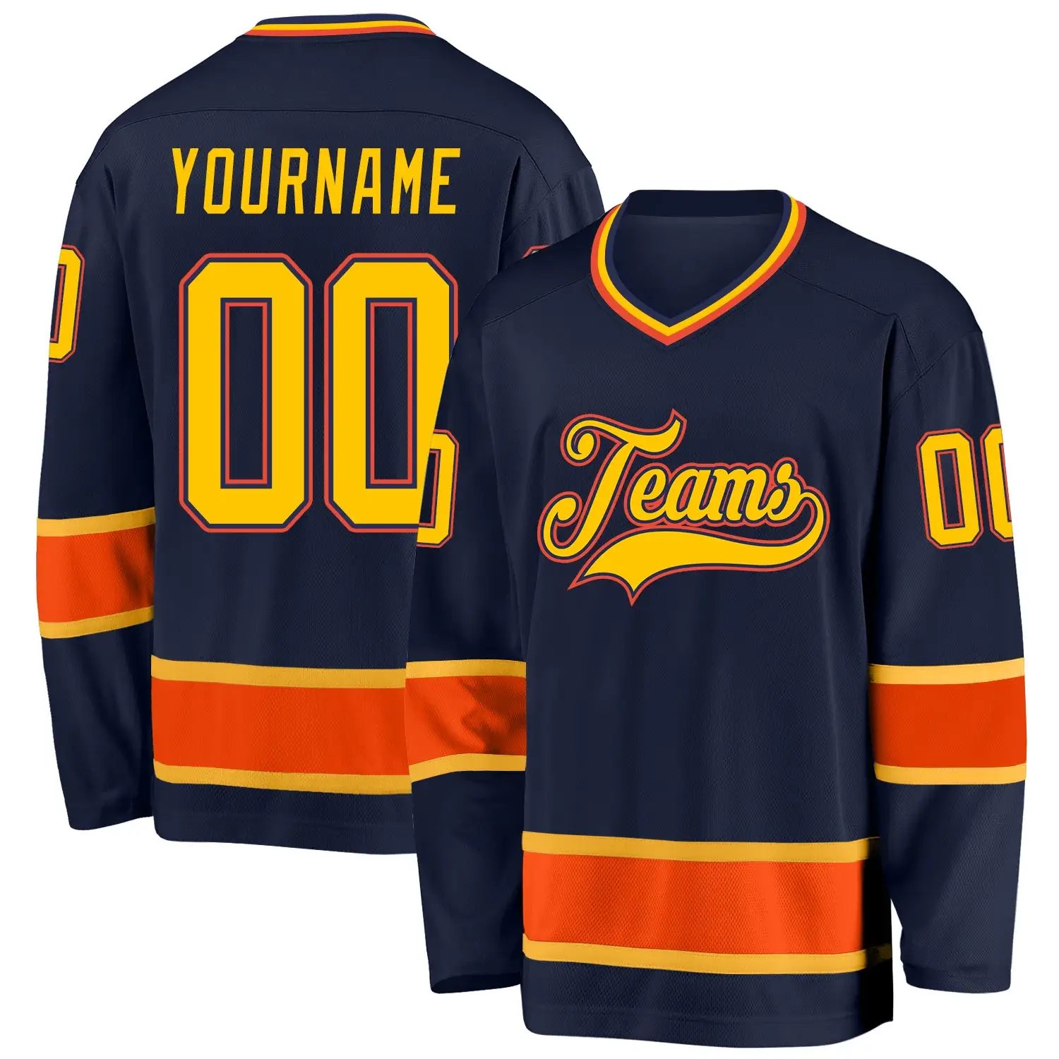 Custom Navy Hockey Jersey with Gold-Orange