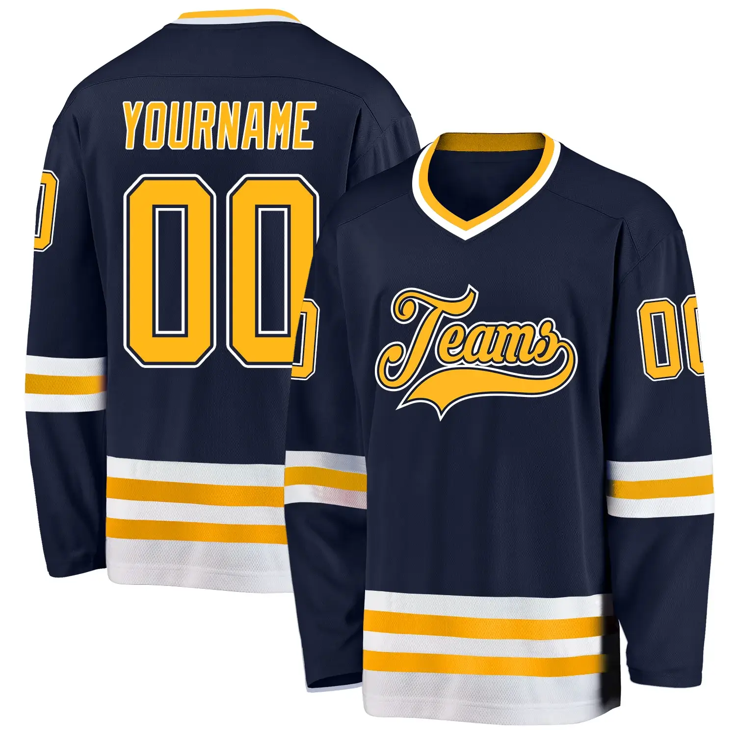 Custom Navy Hockey Jersey with Gold-White