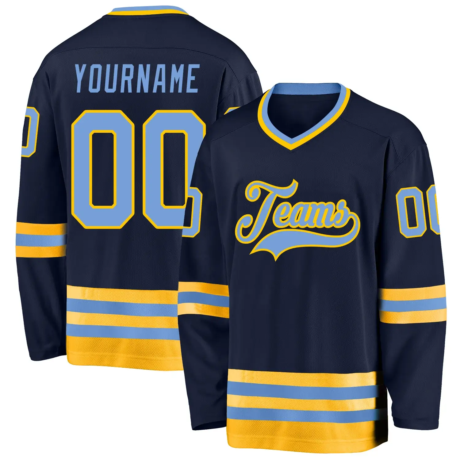 Custom Navy Hockey Jersey with Light Blue-Gold