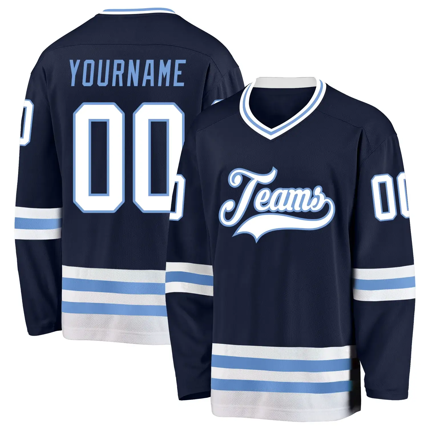 Custom Navy Hockey Jersey with White-Light Blue