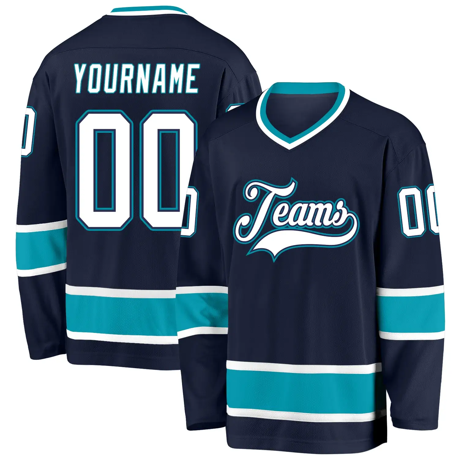 Custom Navy Hockey Jersey with White-Teal