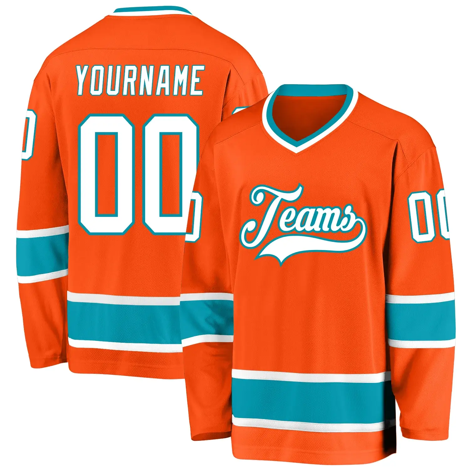 Custom Orange Hockey Jersey with White-Teal