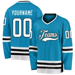 Custom Panther Blue Hockey Jersey with White-Black