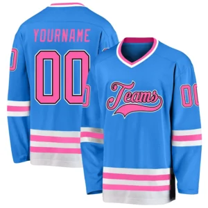 Custom Powder Blue Hockey Jersey with Pink-Black