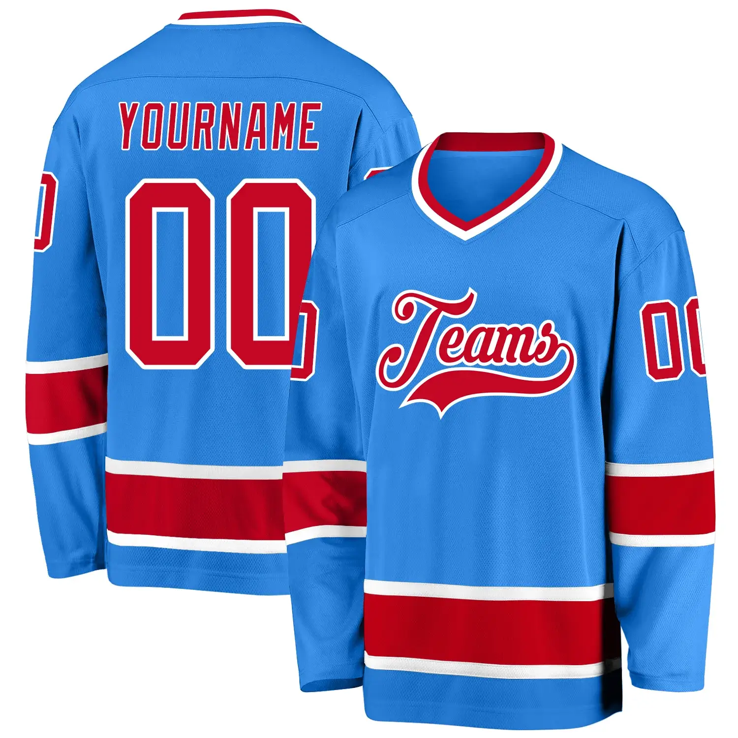 Custom Powder Blue Hockey Jersey with Red-White
