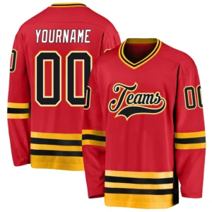 Custom Red Hockey Jersey with Black-Gold