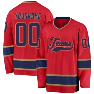 Custom Red Hockey Jersey with Navy-Old Gold