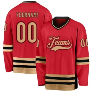 Custom Red Hockey Jersey with Old Gold-Black