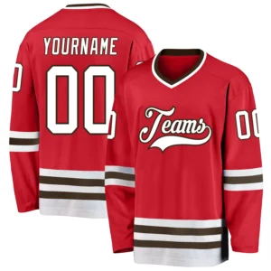 Custom Red Hockey Jersey with White-Brown