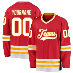 Custom Red Hockey Jersey with White-Gold