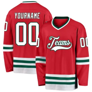 Custom Red Hockey Jersey with White-Green