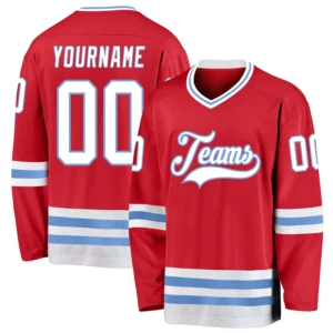 Custom Red Hockey Jersey with White-Light Blue