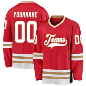 Custom Red Hockey Jersey with White-Old Gold