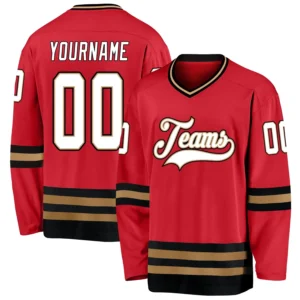Custom Red Hockey Jersey with White-Old Gold