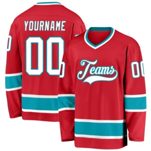 Custom Red Hockey Jersey with White-Teal