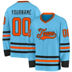 Custom Sky Blue Hockey Jersey with Orange-Black