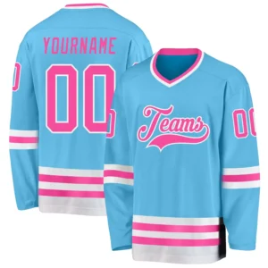 Custom Sky Blue Hockey Jersey with Pink-White