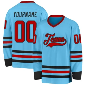 Custom Sky Blue Hockey Jersey with Red-Black