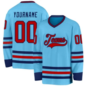Custom Sky Blue Hockey Jersey with Red-Navy