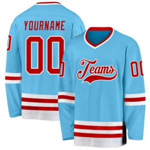 Custom Sky Blue Hockey Jersey with Red-White