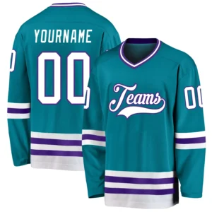 Custom Teal Hockey Jersey with White-Purple